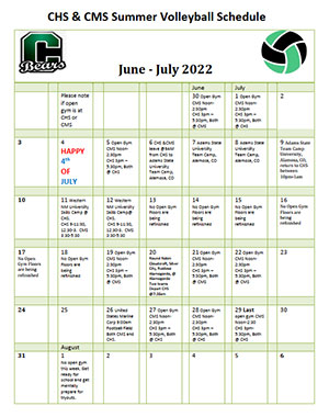 CHS Summer Volleyball Schedule June and July, 2022